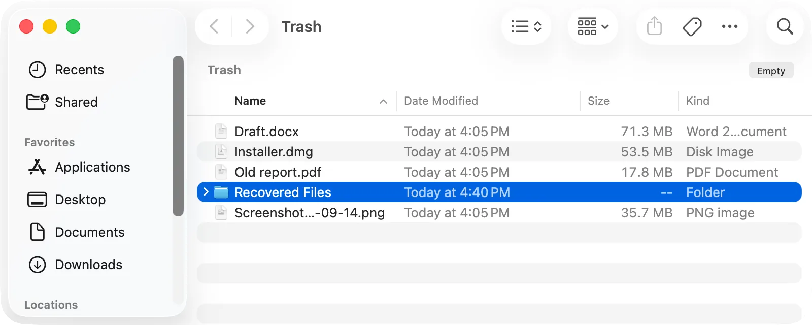 The Trash window with a «Recovered Files» folder after a restart