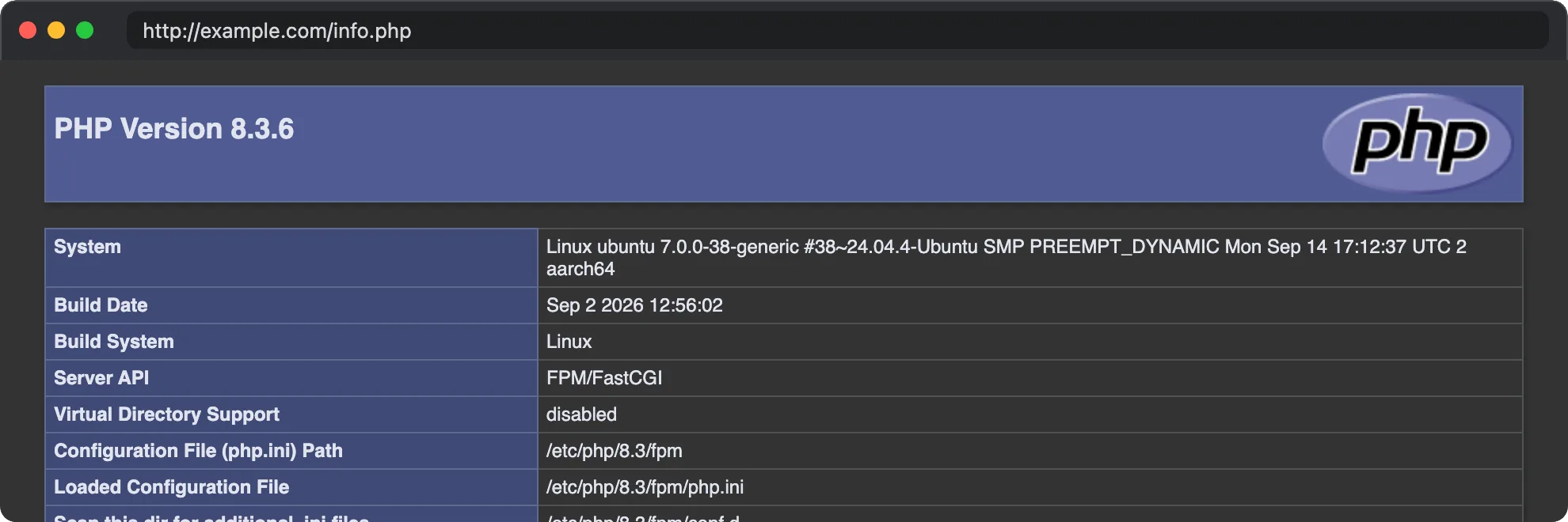 The phpinfo page served through Nginx and PHP-FPM on Ubuntu 24.04: PHP Version 8.3.6, Server API FPM/FastCGI