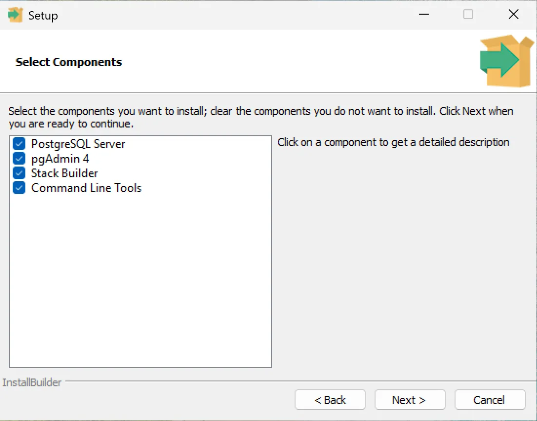 The PostgreSQL 18 installer for Windows on the Select Components page with all four components ticked