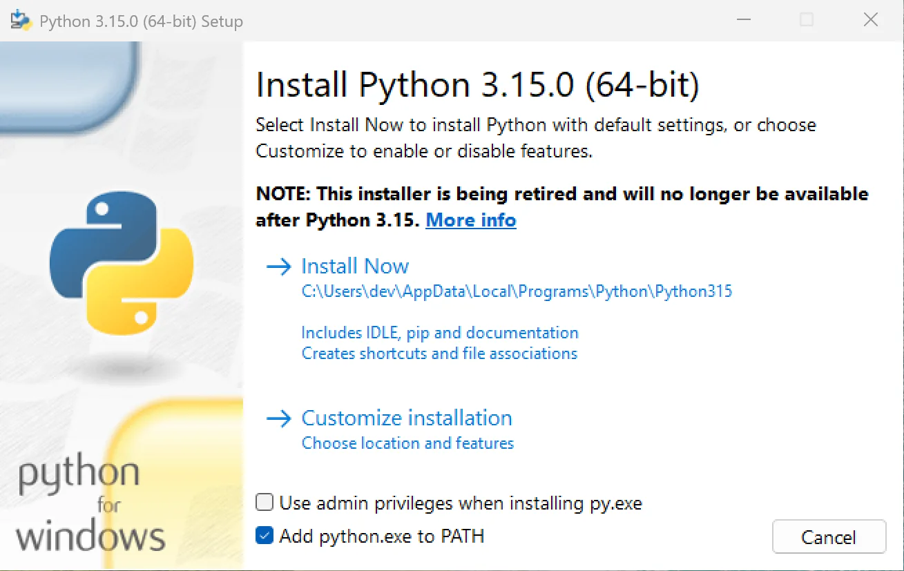 The Python 3.15 installer for Windows with Add python.exe to PATH ticked