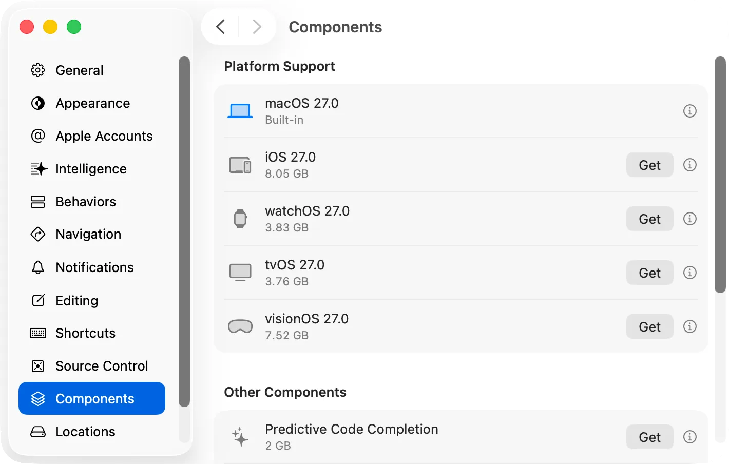 Xcode Settings, Components: platforms and simulators, each with an info button