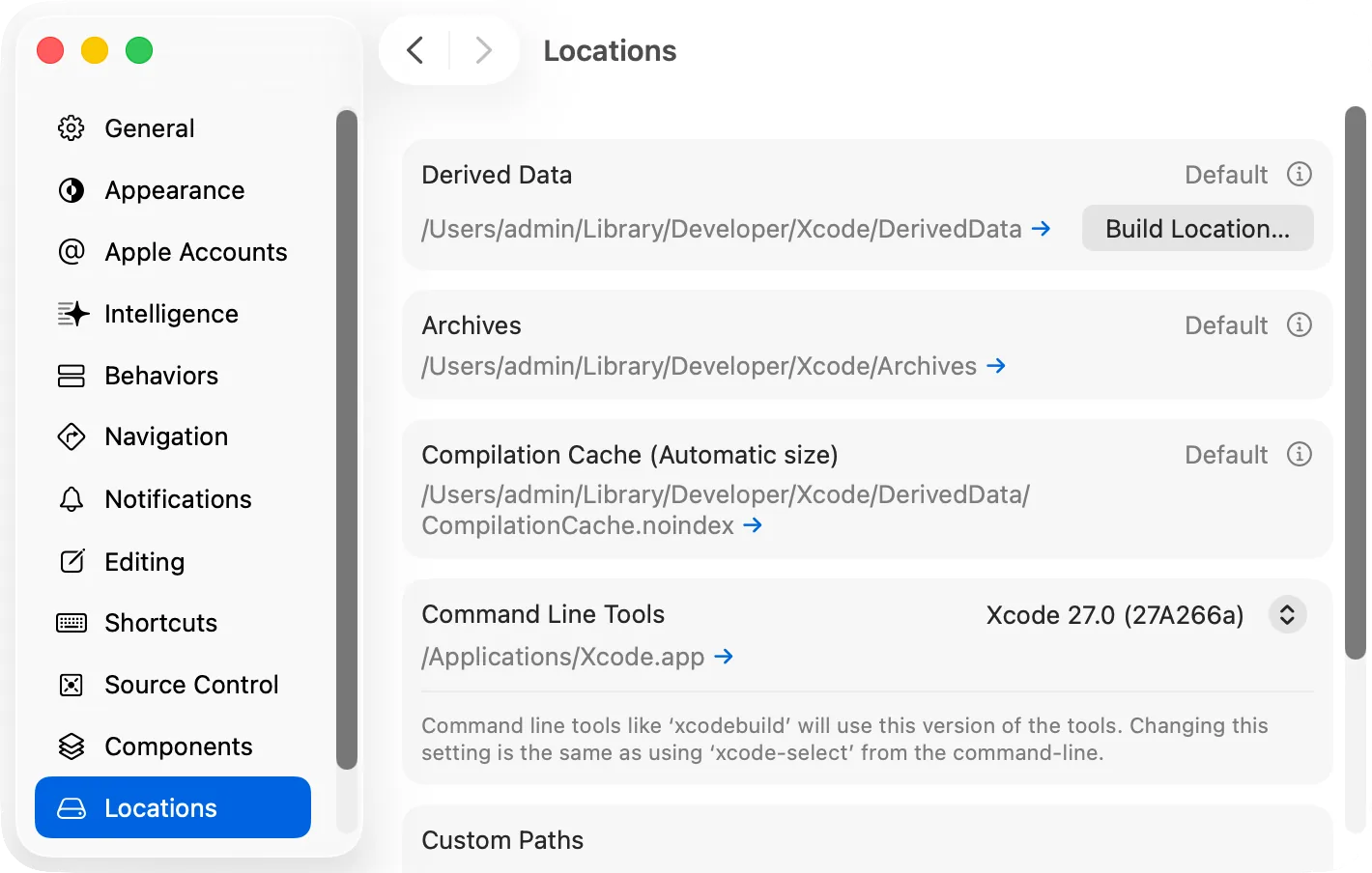 Xcode Settings, Locations: the Derived Data folder