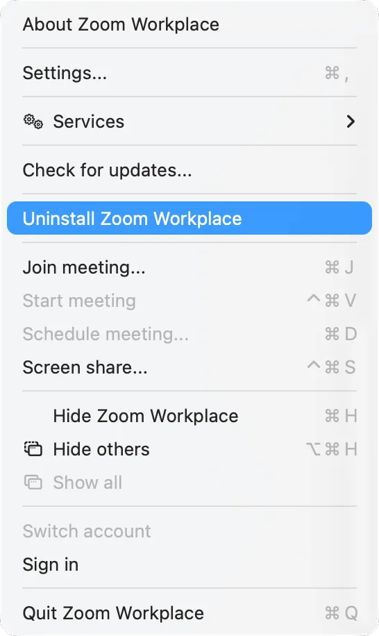 The Zoom Workplace menu with «Uninstall Zoom Workplace» highlighted