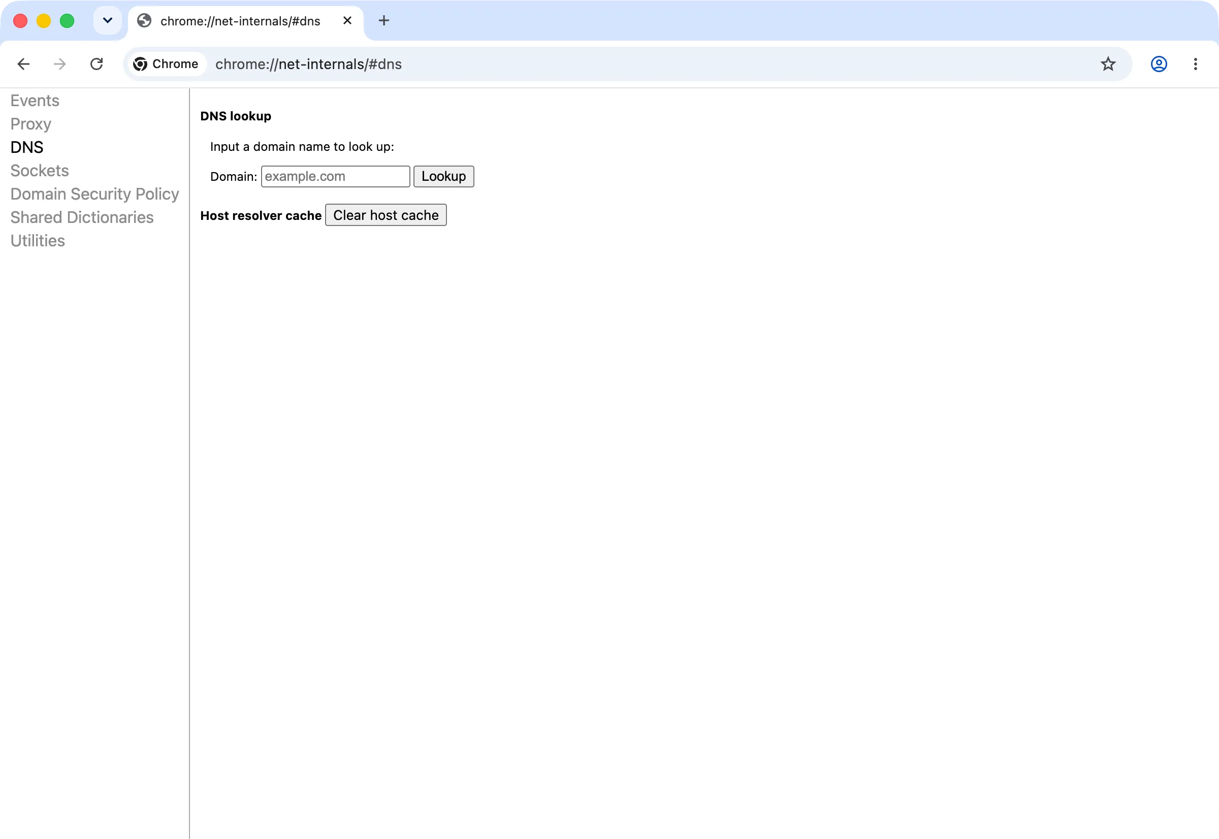 Служебная страница DNS в Chrome с кнопкой Clear host cache