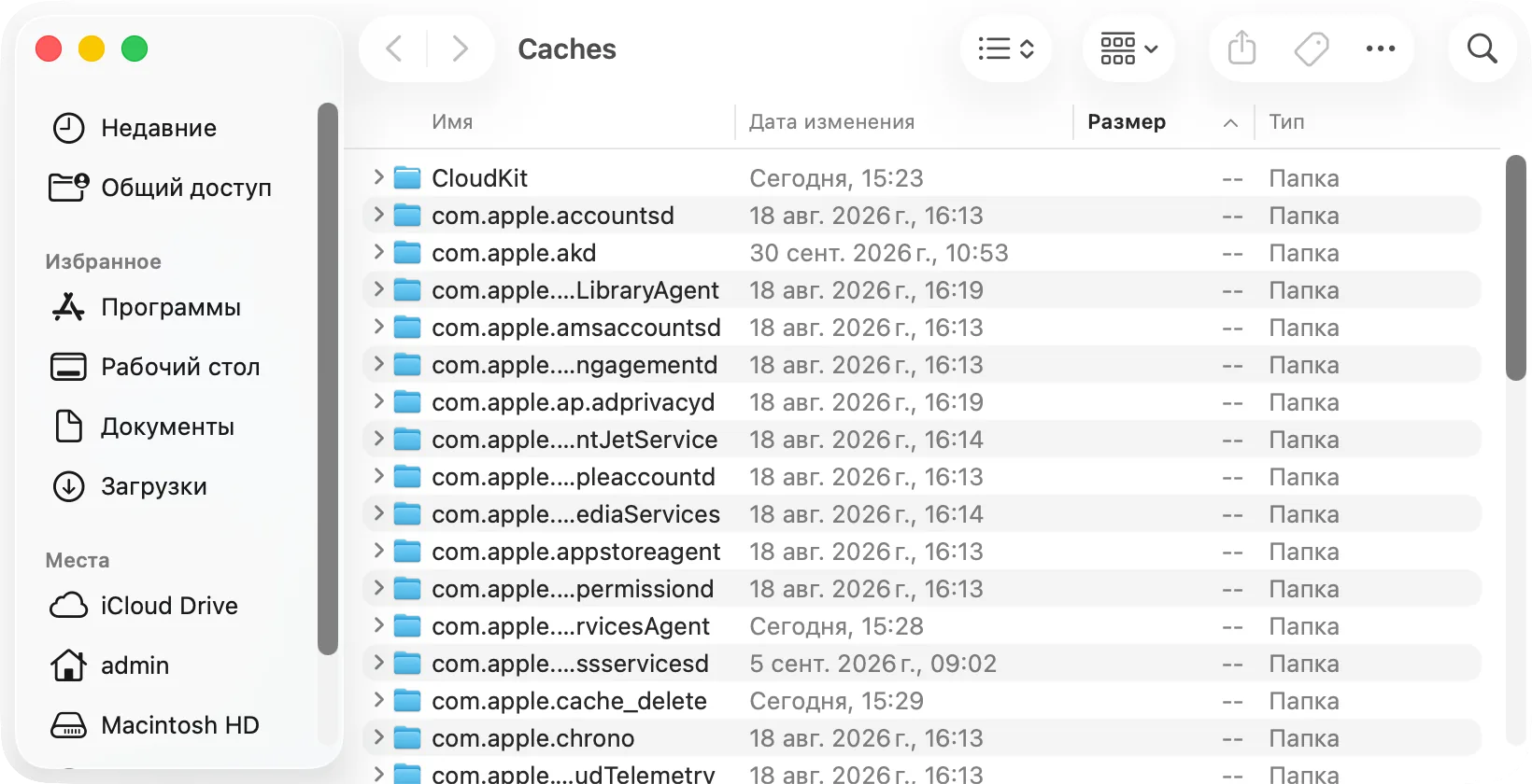 Папка Caches списком по размеру и включённый пункт «Вычислять все размеры» в параметрах вида
