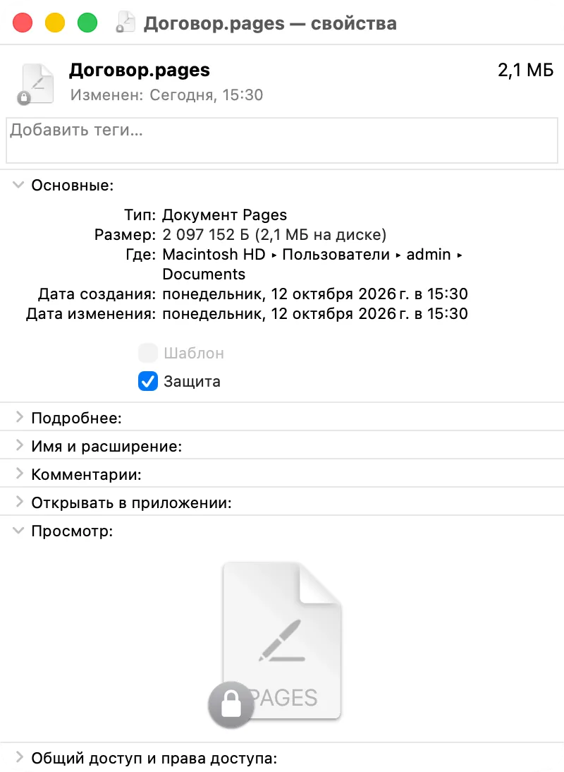 Окно «Свойства» защищённого файла с флажком «Защита»