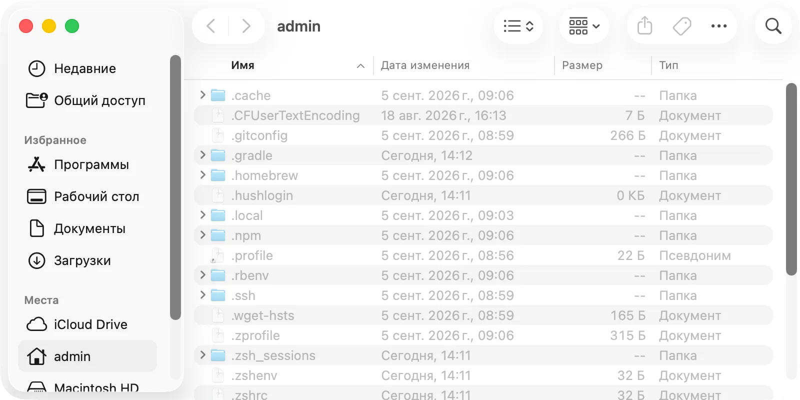 Папка пользователя в Finder после Command-Shift-точка: скрытые файлы и папки видны бледнее