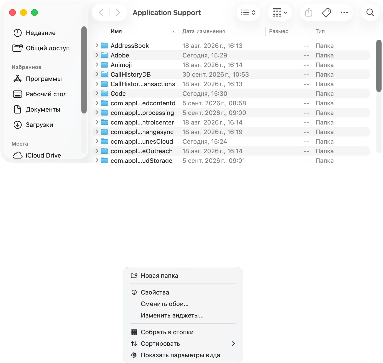 Папка Application Support в Finder: папка удалённой программы и пункт «Переместить в Корзину»
