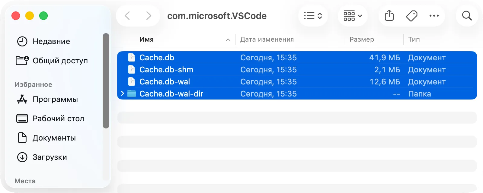 Finder, ~/Library/Caches/com.microsoft.VSCode: выделено всё содержимое