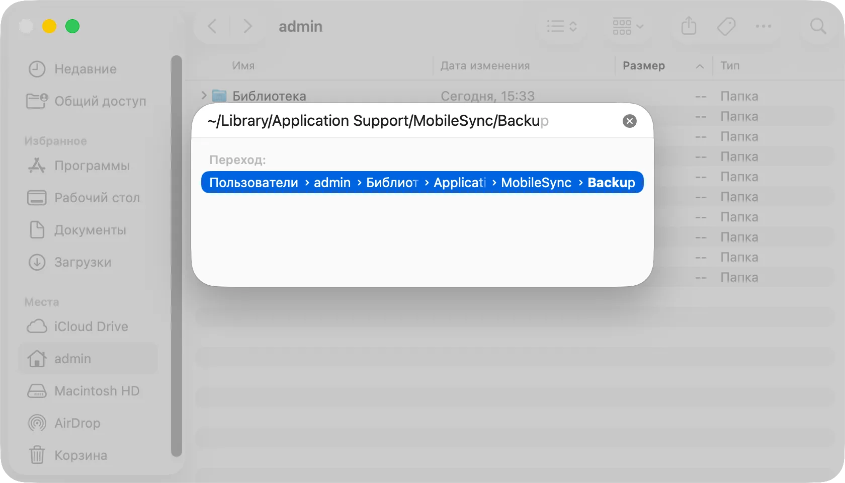 Панель «Переход к папке» с путём к папке резервных копий iPhone