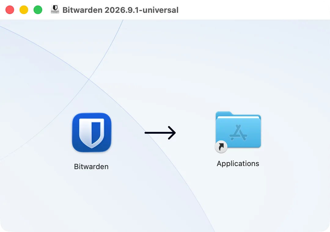 Окно образа диска Bitwarden: значок Bitwarden и папка «Программы», куда его перетащить