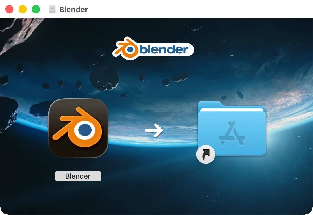 Окно образа диска Blender: значок Blender и папка «Программы», куда его перетащить