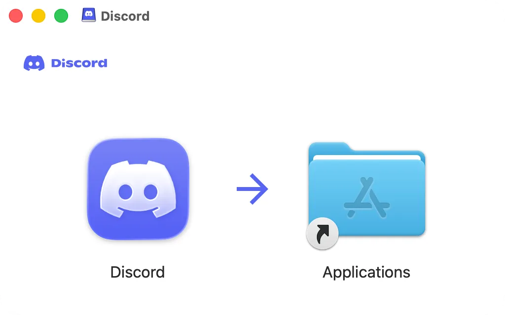 Окно образа диска Discord: значок Discord и папка «Программы», куда его перетащить