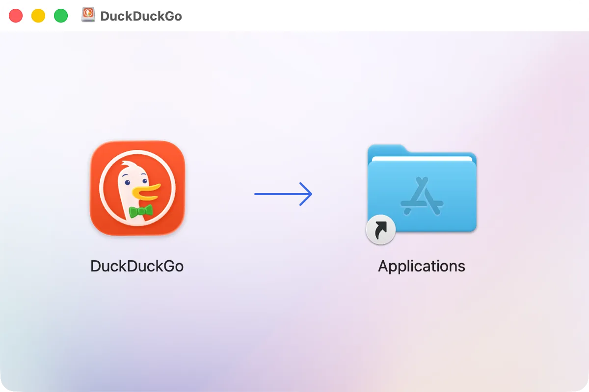 Окно образа диска DuckDuckGo: значок DuckDuckGo и папка «Программы», куда его перетащить