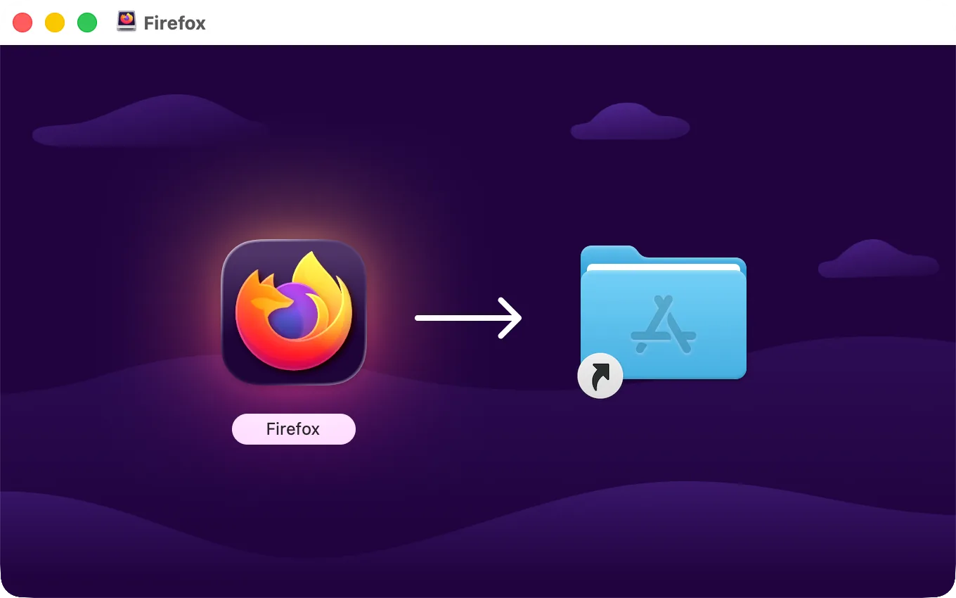Окно образа диска Firefox: значок Firefox и папка «Программы», куда его перетащить