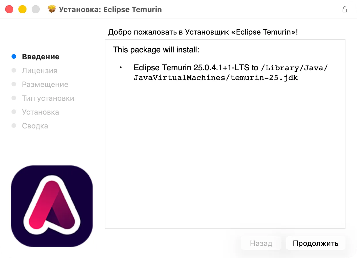 Первый экран установщика Java