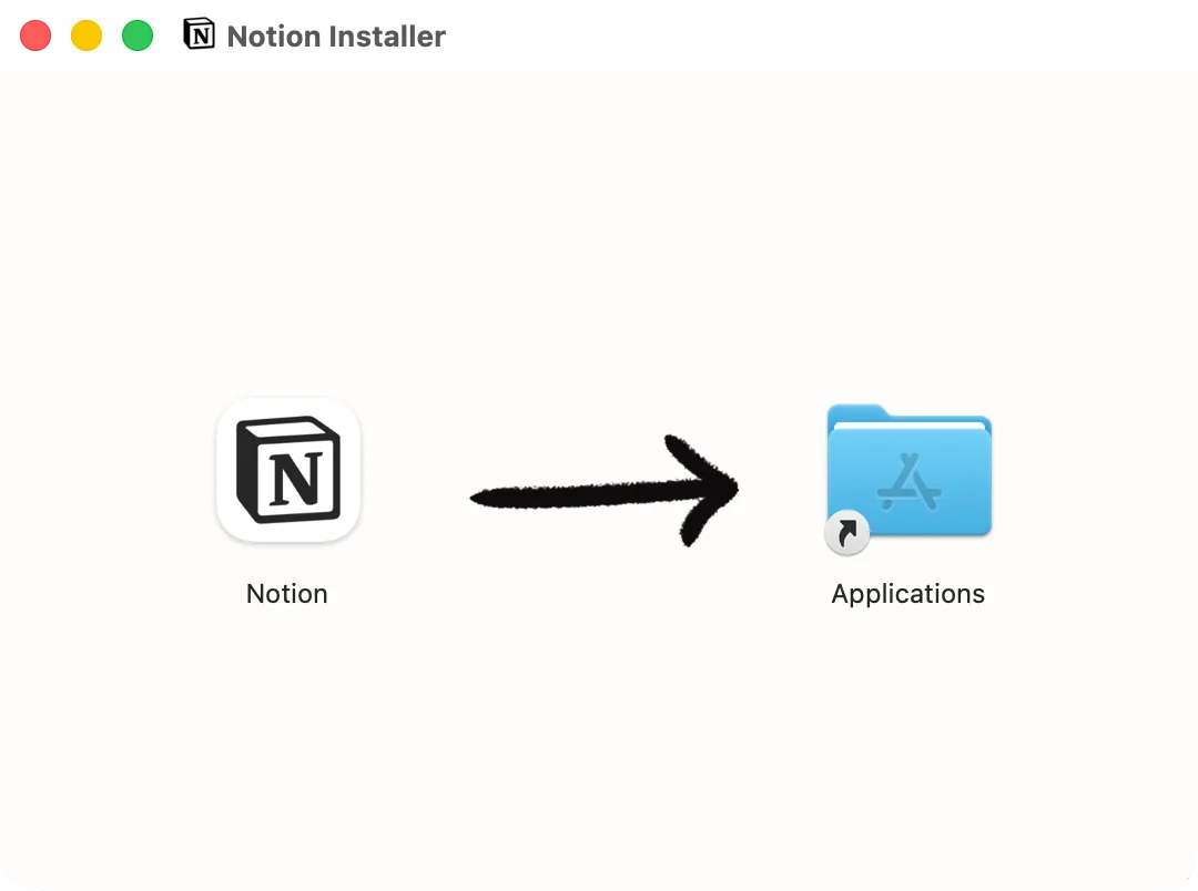 Окно образа диска Notion: значок Notion и папка «Программы», куда его перетащить
