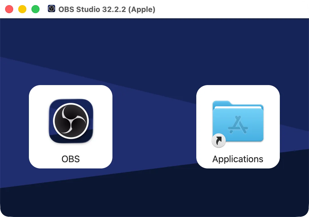 Окно образа диска OBS Studio: значок OBS Studio и папка «Программы», куда его перетащить