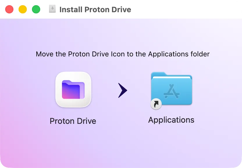 Окно образа диска Proton Drive: значок Proton Drive и папка «Программы», куда его перетащить