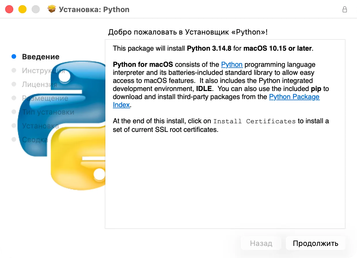 Первый экран установщика Python