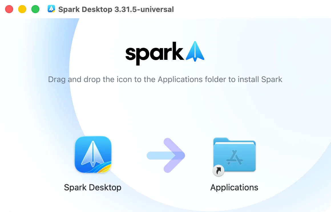 Окно образа диска Spark: значок Spark и папка «Программы», куда его перетащить