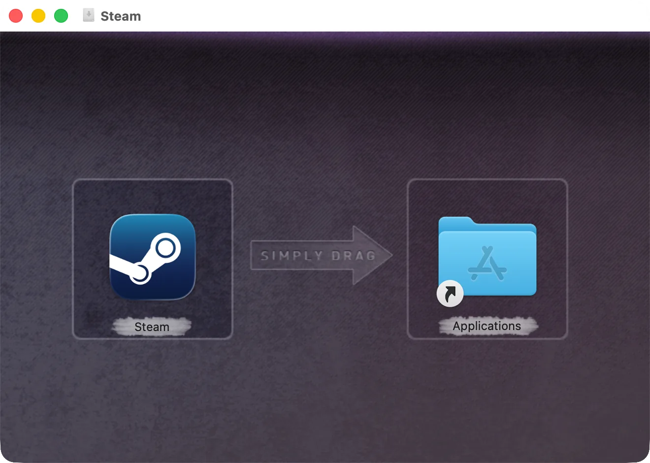 Окно образа диска Steam: значок Steam и папка «Программы», куда его перетащить