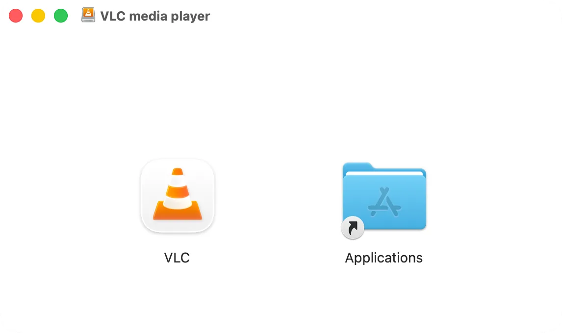 Окно образа диска VLC: значок VLC и папка «Программы», куда его перетащить