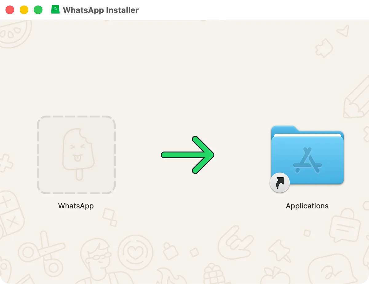 Окно образа диска WhatsApp: значок WhatsApp и папка «Программы», куда его перетащить