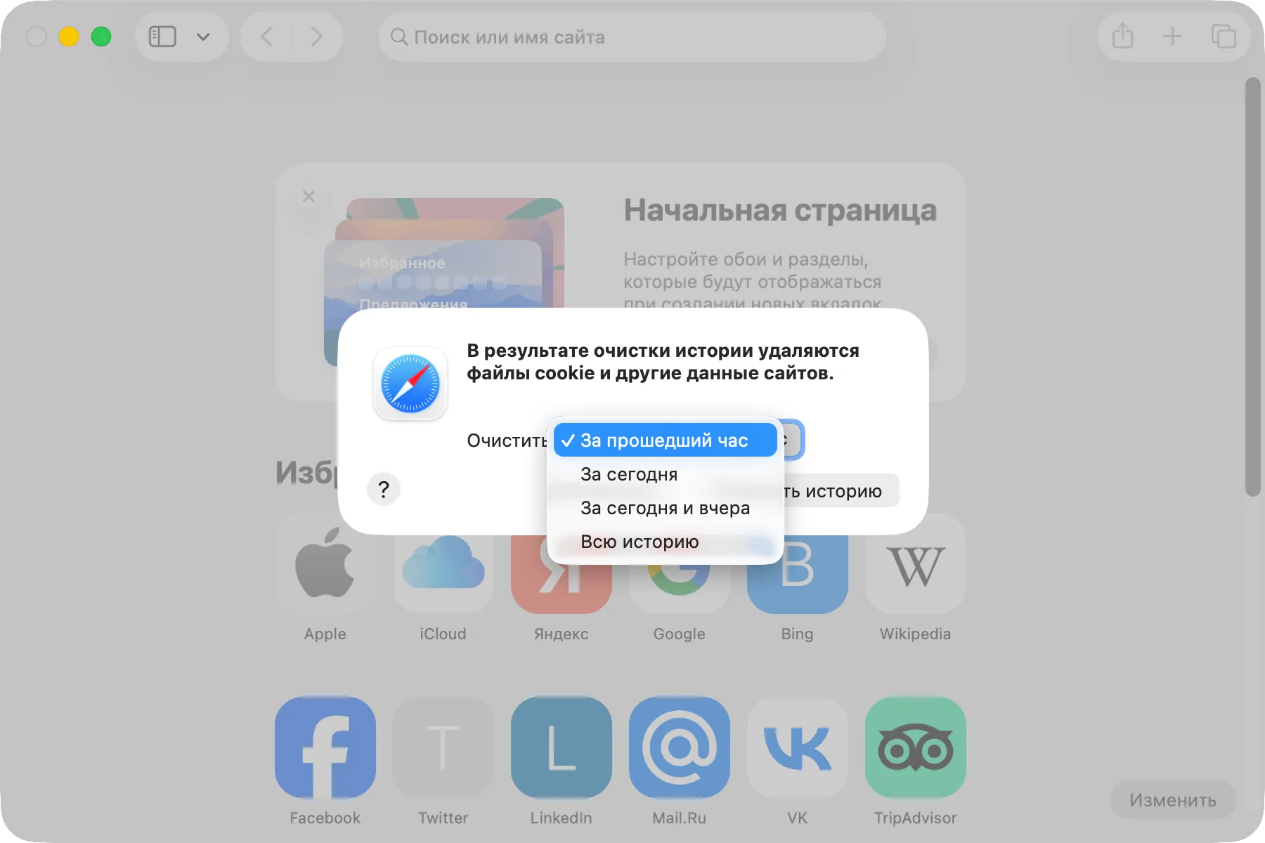 Окно «Очистить историю» в Safari с открытым меню периода