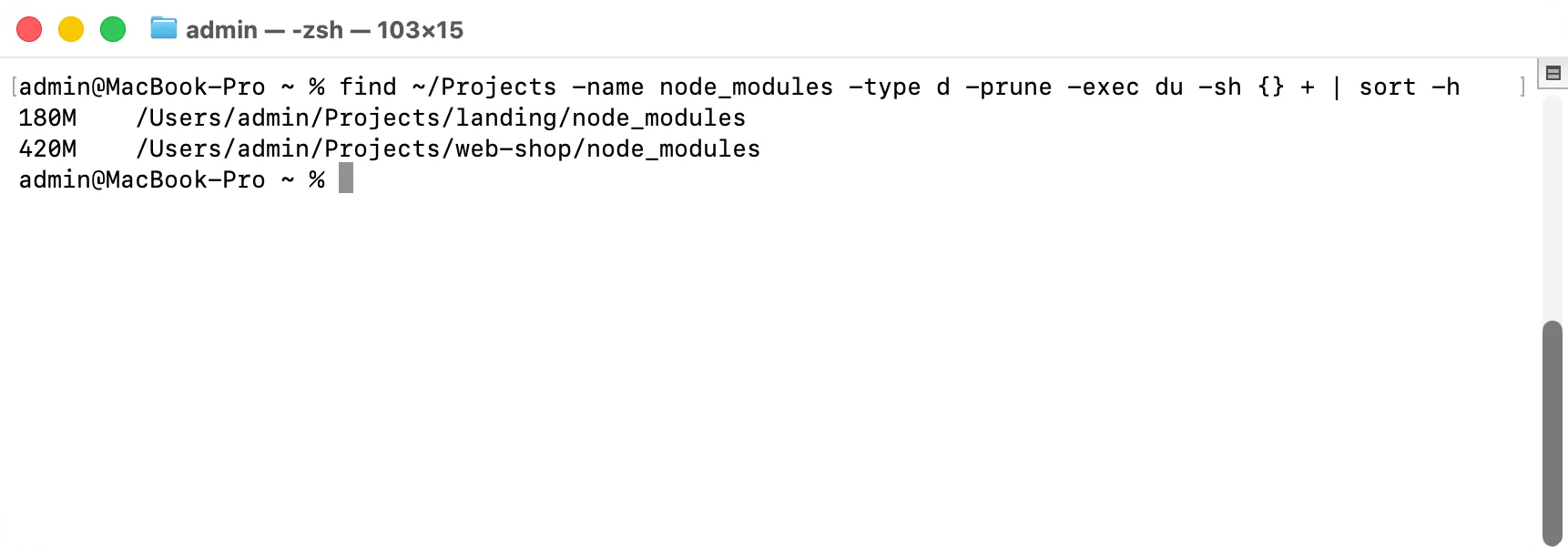 Терминал: все папки node_modules в ~/Projects с размерами, самые большие — в конце