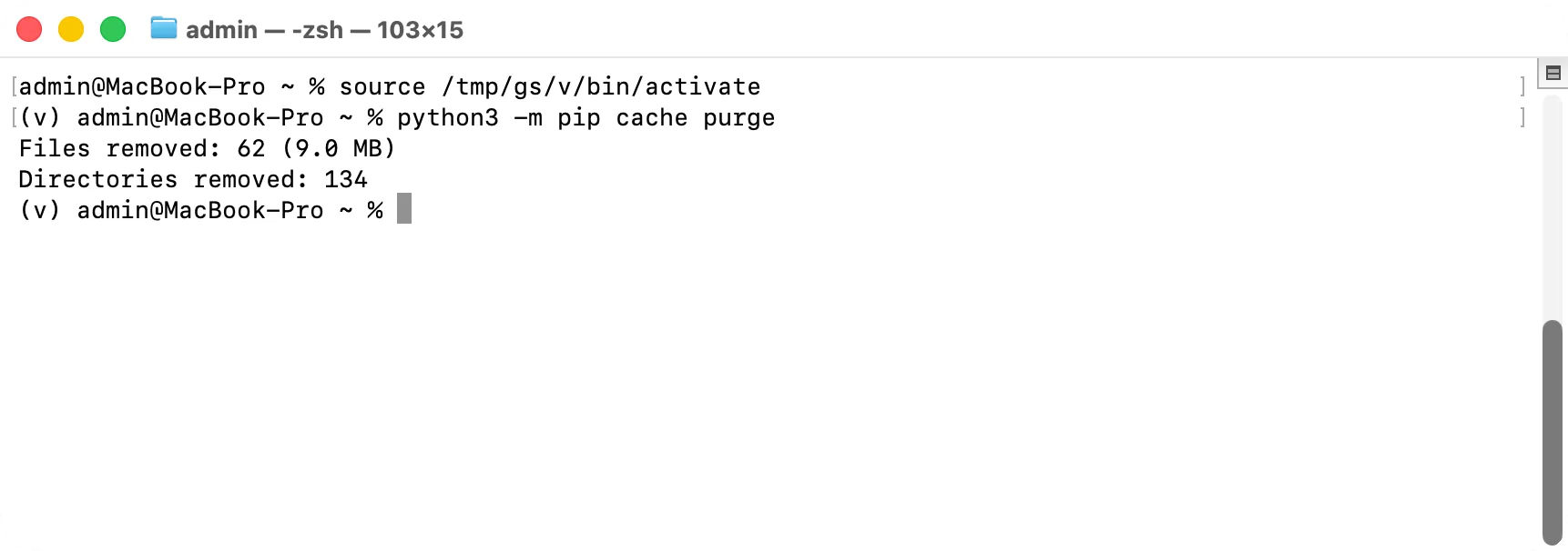 Терминал: pip cache purge сообщает, сколько файлов удалено и какого размера
