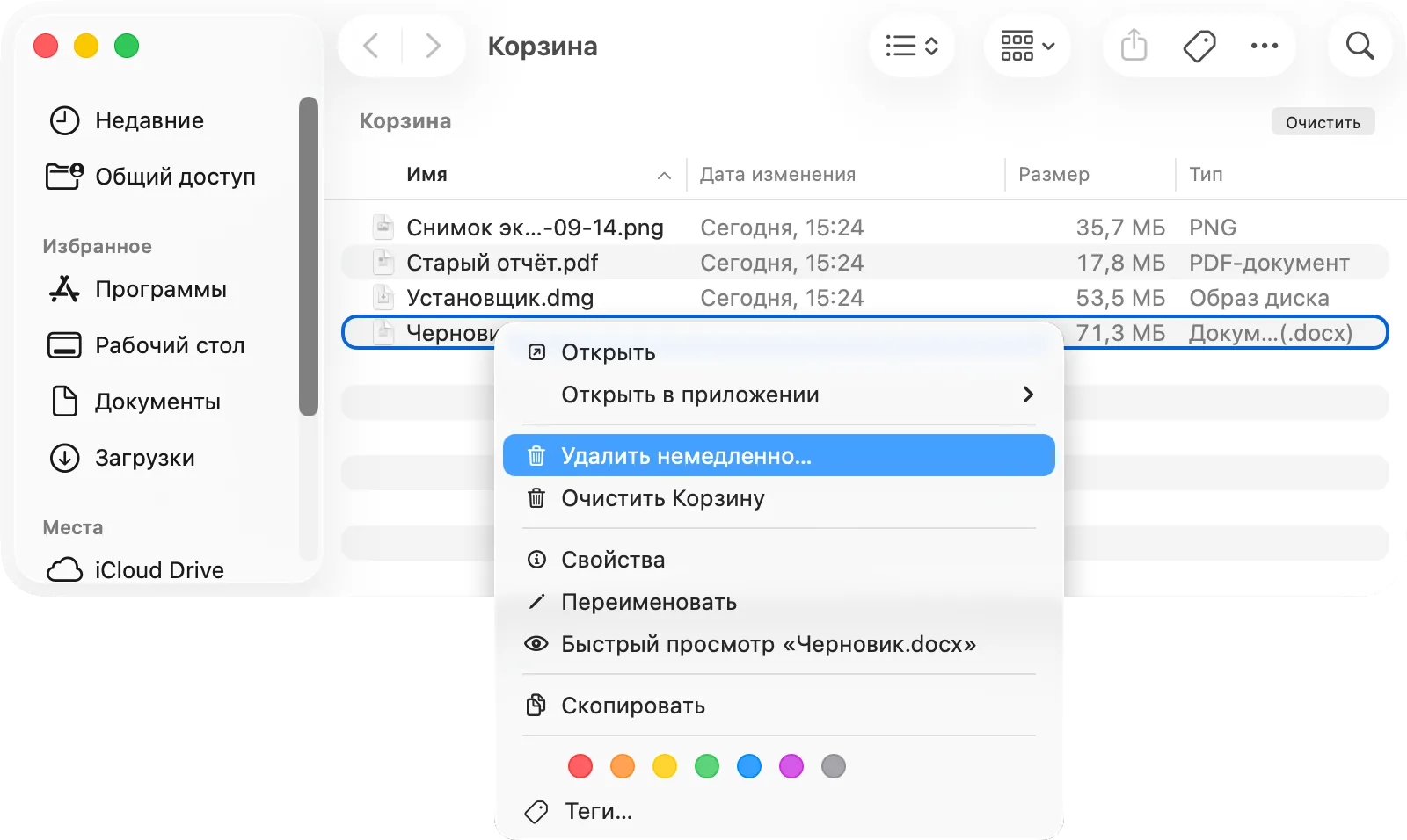 Корзина: контекстное меню файла с пунктом «Удалить немедленно»