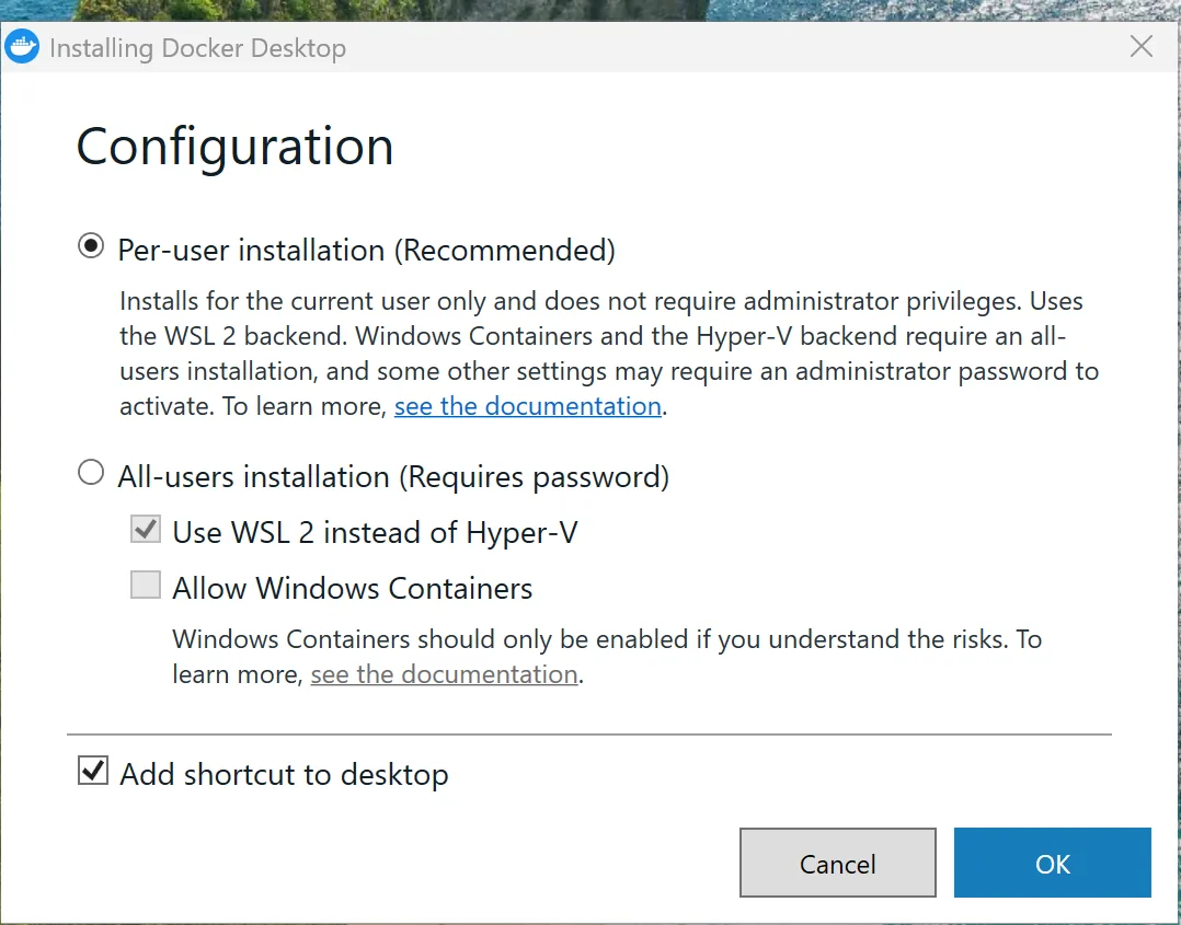 Установщик Docker Desktop на странице Configuration с выбранным Per-user installation (Recommended)