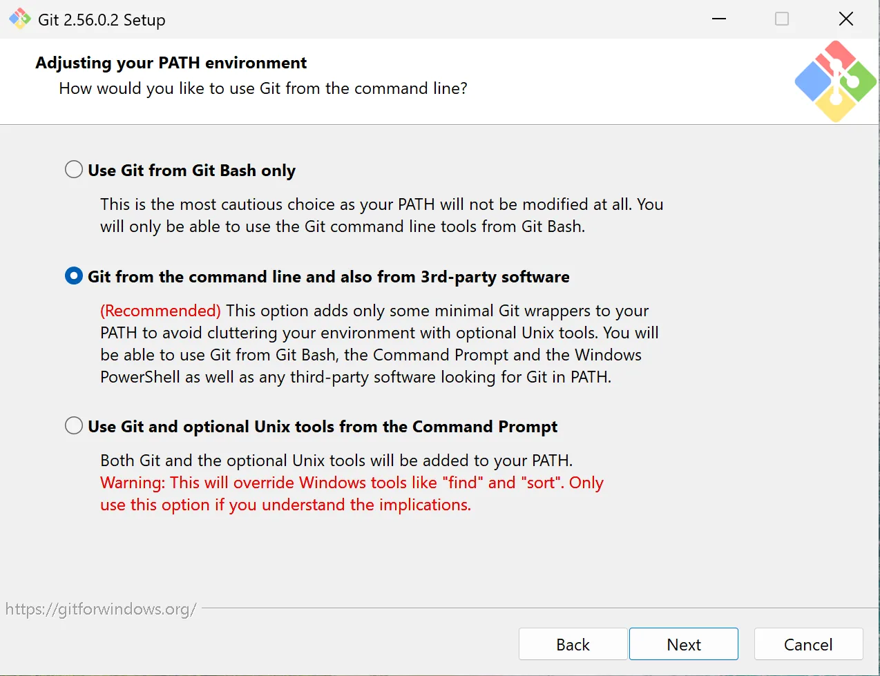 Установщик Git для Windows на странице Adjusting your PATH environment с выбранным рекомендуемым вариантом