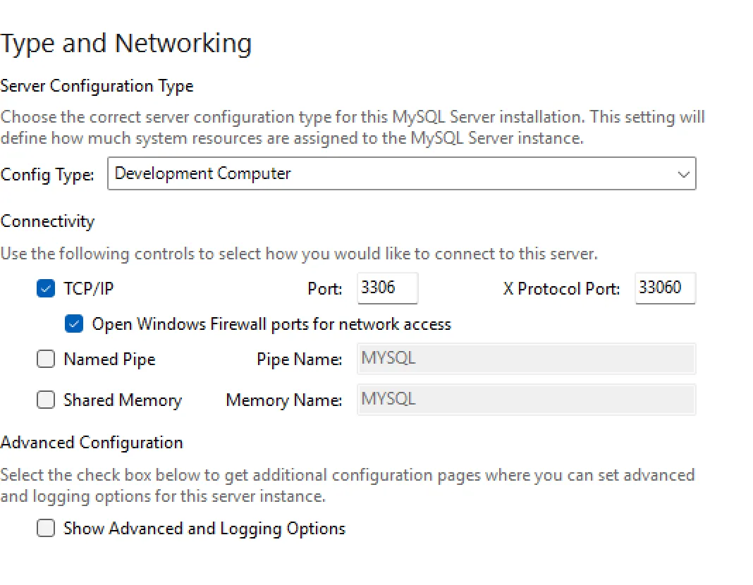 MySQL Configurator на странице Type and Networking: Development Computer, TCP/IP на порту 3306 и пункт брандмауэра