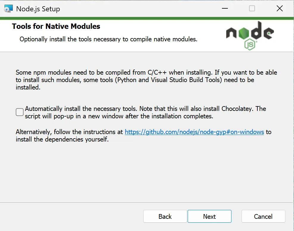 Установщик Node.js на странице Tools for Native Modules с пустой галочкой