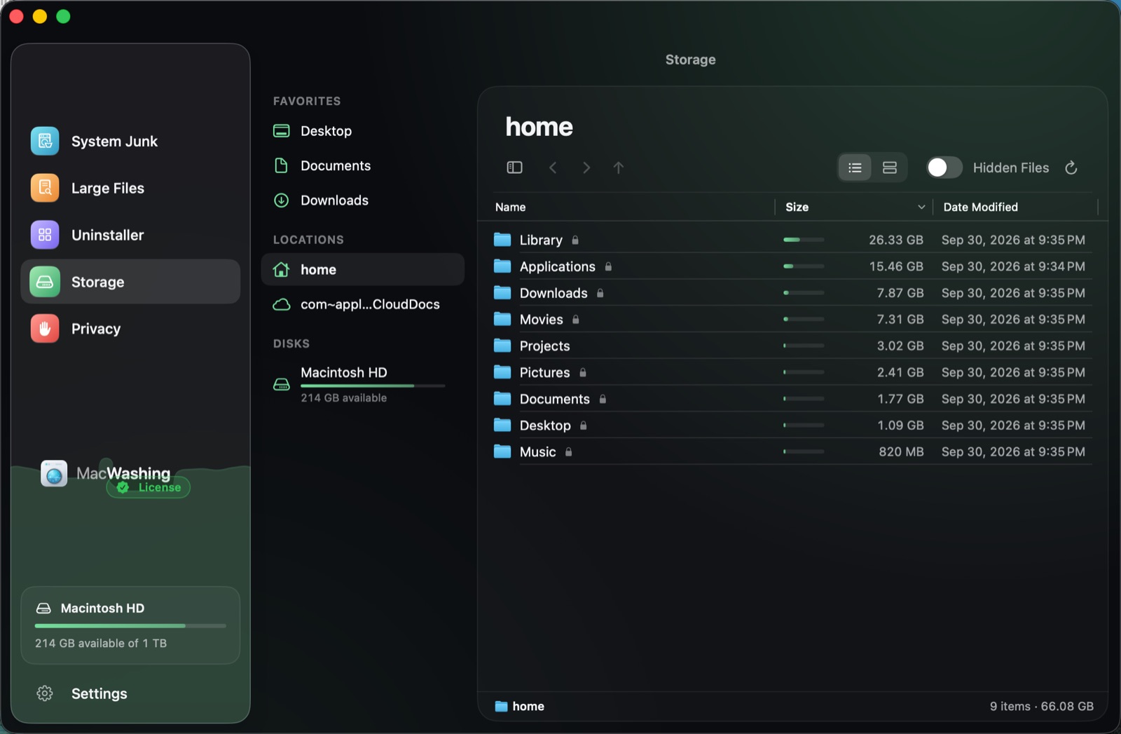 Storage: the home folder with the size of every folder, Library and Applications being the largest