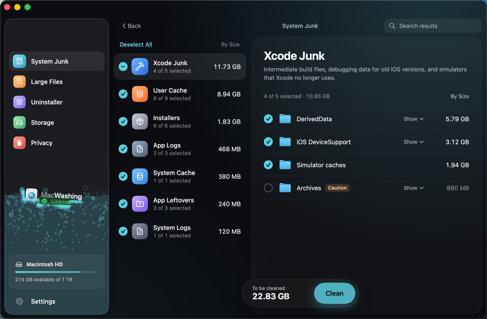 MacWashing, System Junk: Xcode junk, user caches, installers and logs found, 22.83 GB ready to be cleaned