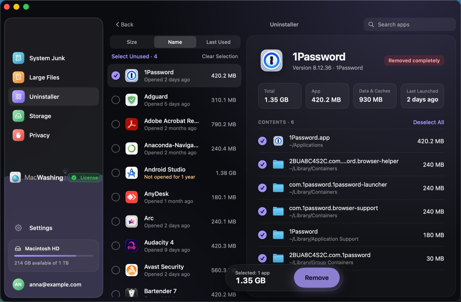 Uninstaller: a list of apps sorted by size with when each was last opened, Google Chrome selected with its app and cache sizes
