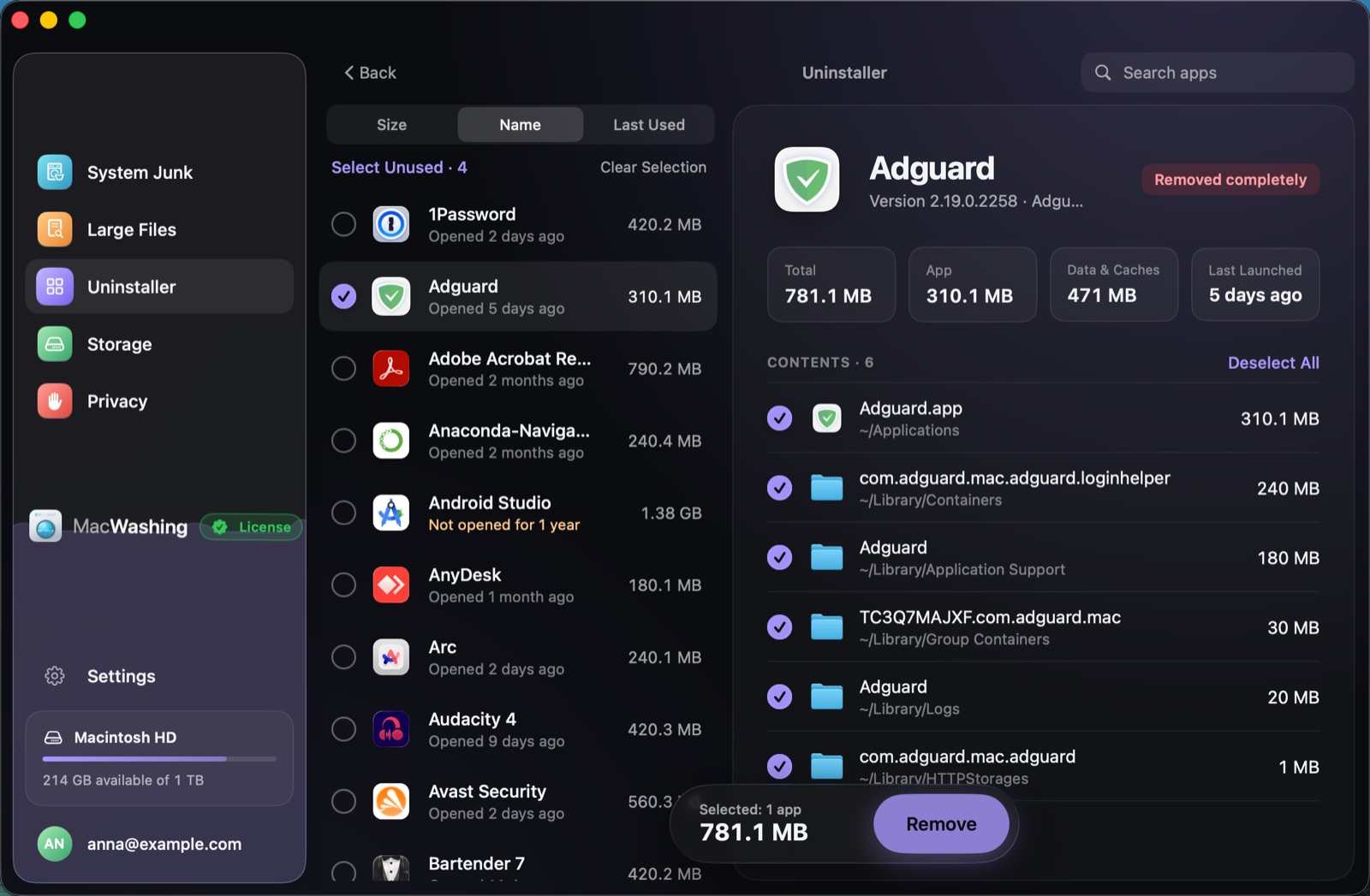 Uninstaller: a list of apps sorted by size with when each was last opened, Google Chrome selected with its app and cache sizes