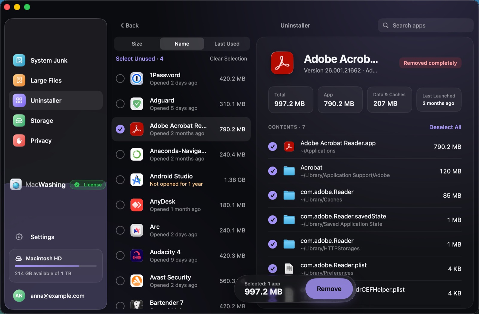 Uninstaller: a list of apps sorted by size with when each was last opened, Google Chrome selected with its app and cache sizes