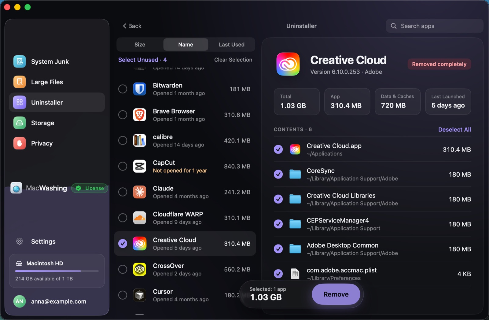 Uninstaller: a list of apps sorted by size with when each was last opened, Google Chrome selected with its app and cache sizes