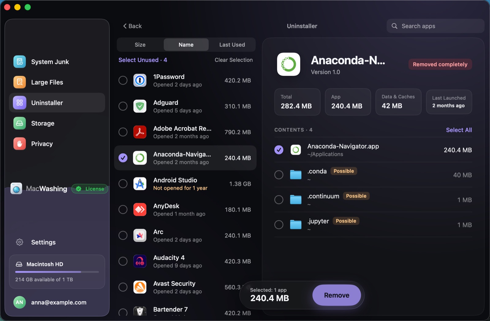 Uninstaller: a list of apps sorted by size with when each was last opened, Google Chrome selected with its app and cache sizes