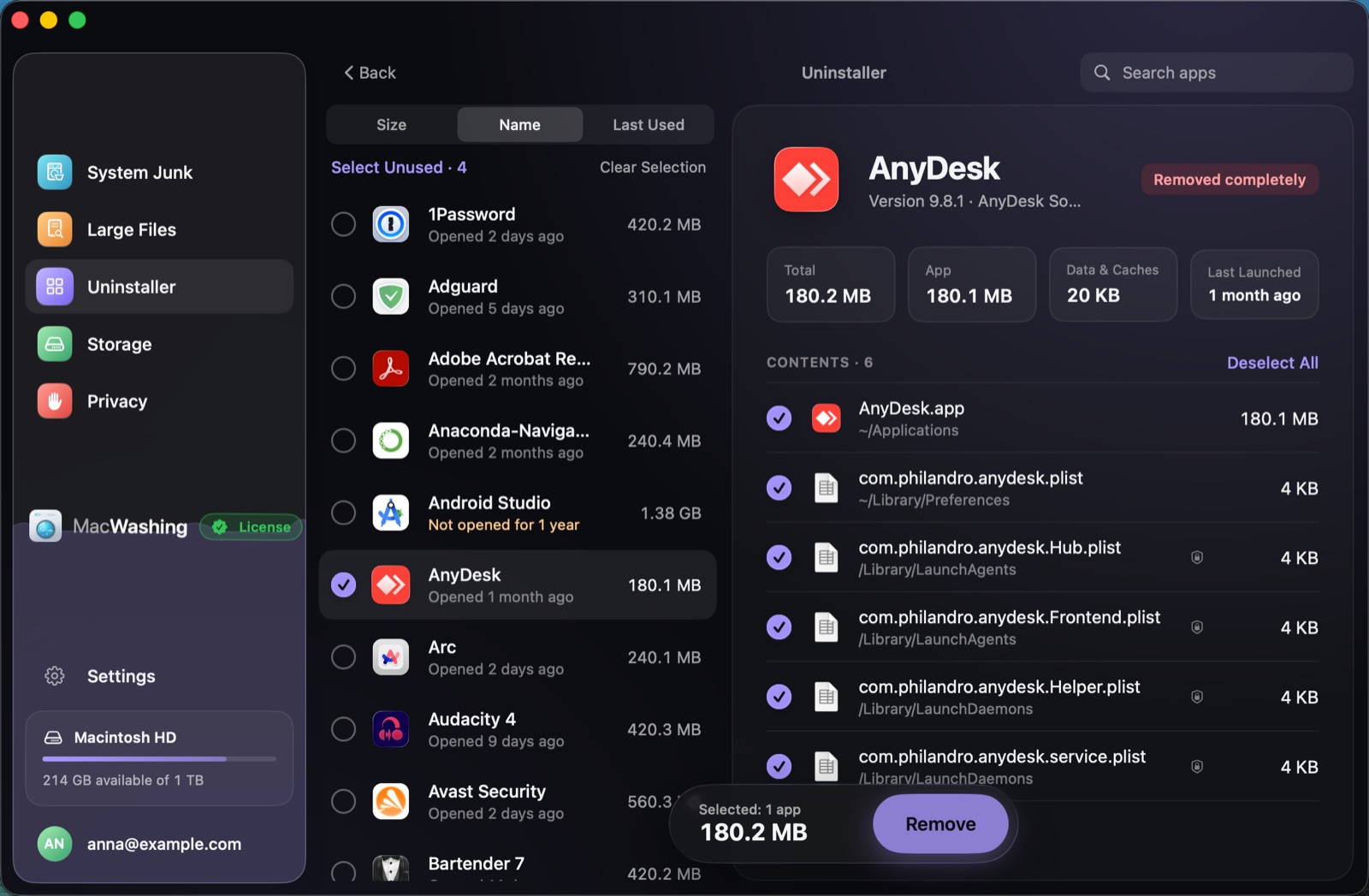 Uninstaller: a list of apps sorted by size with when each was last opened, Google Chrome selected with its app and cache sizes