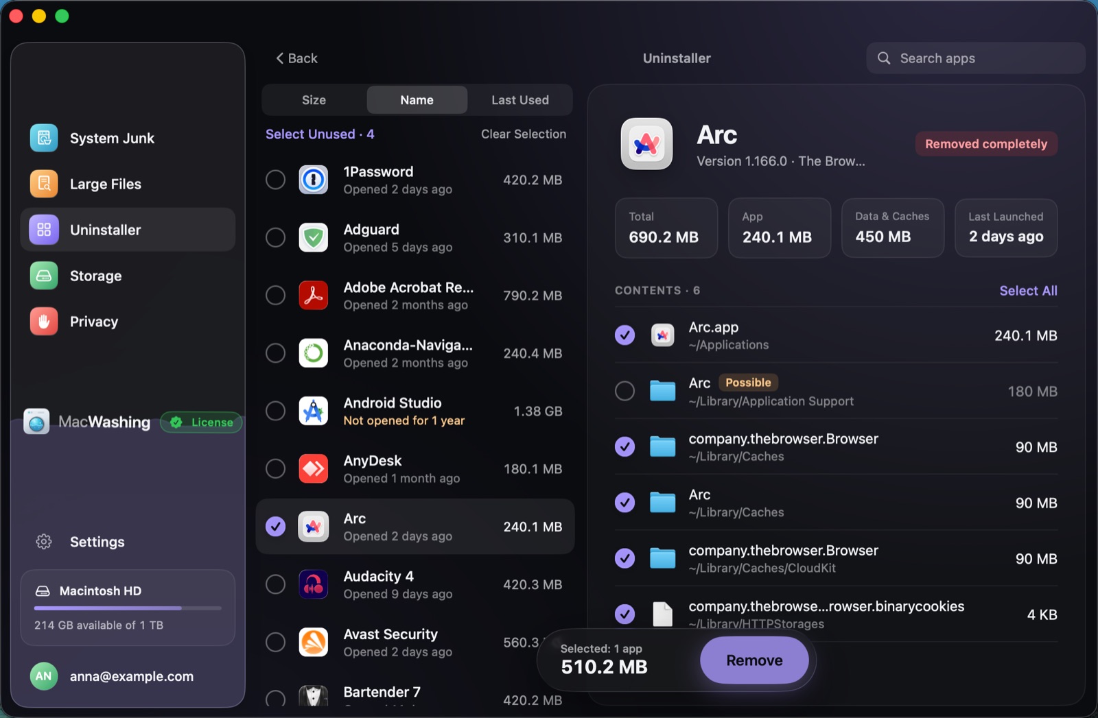 Uninstaller: a list of apps sorted by size with when each was last opened, Google Chrome selected with its app and cache sizes