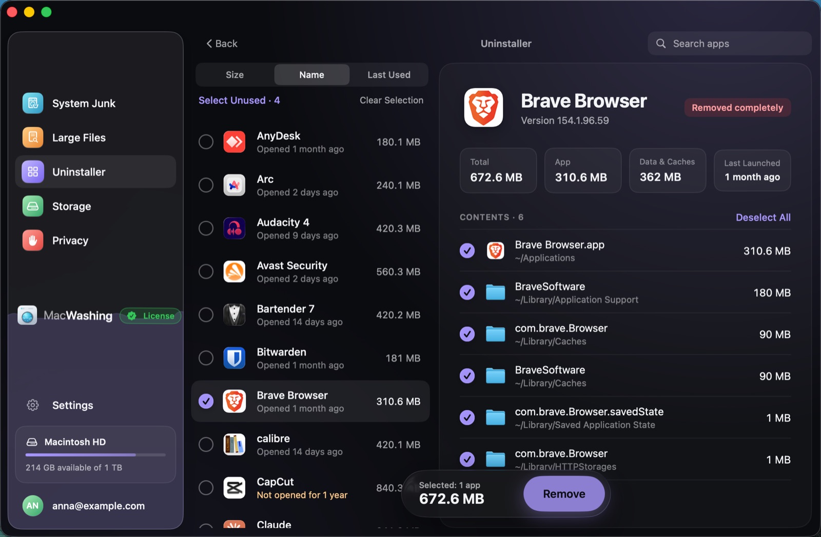 Uninstaller: a list of apps sorted by size with when each was last opened, Google Chrome selected with its app and cache sizes