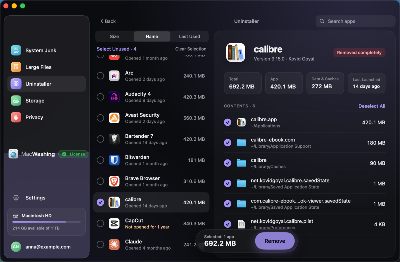 Uninstaller: a list of apps sorted by size with when each was last opened, Google Chrome selected with its app and cache sizes