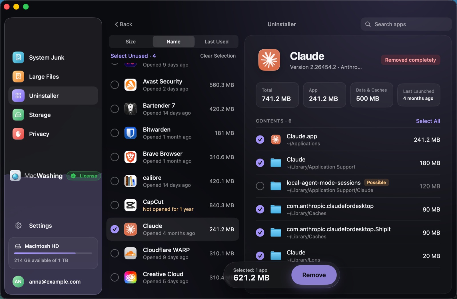 Uninstaller: a list of apps sorted by size with when each was last opened, Google Chrome selected with its app and cache sizes