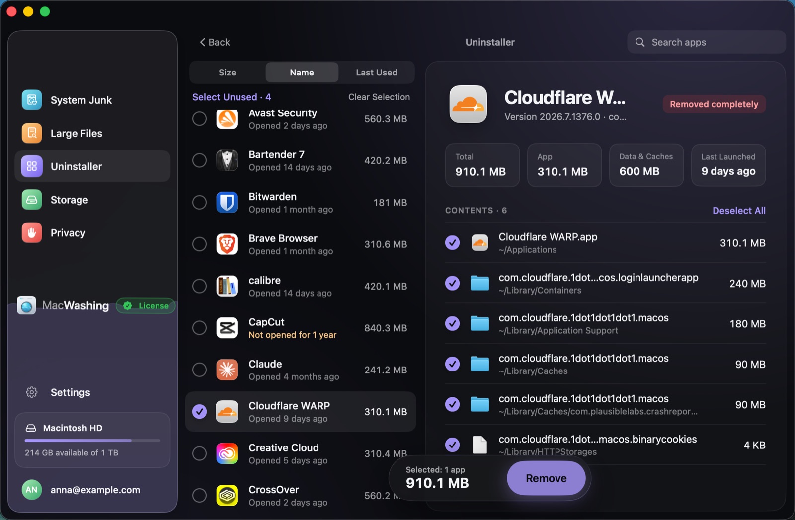 Uninstaller: a list of apps sorted by size with when each was last opened, Google Chrome selected with its app and cache sizes