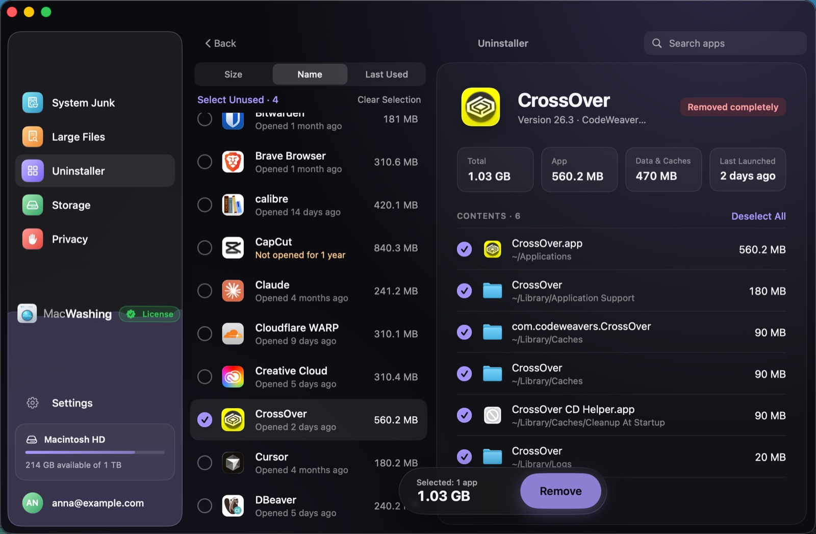 Uninstaller: a list of apps sorted by size with when each was last opened, Google Chrome selected with its app and cache sizes
